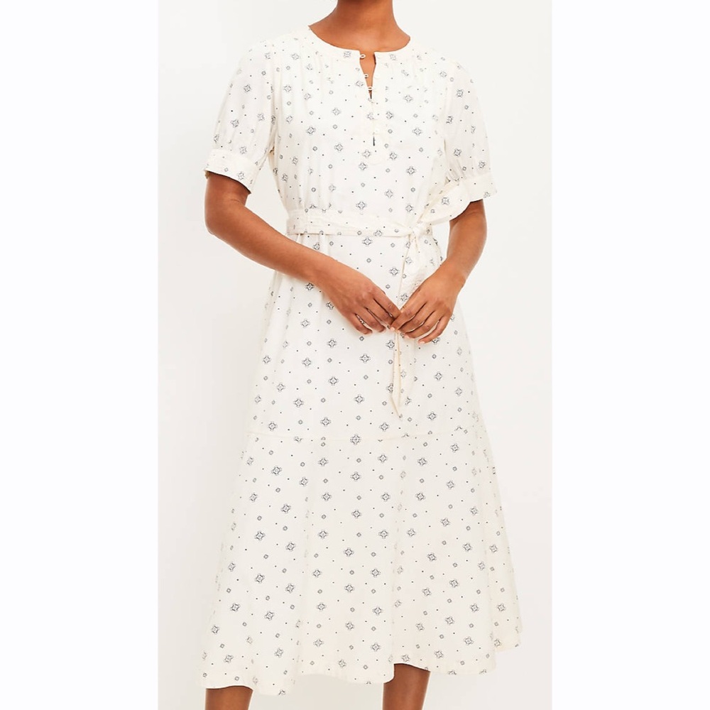 LOFT Womens Geo Puff Sleeve Cream Midi Dress Short Sleeve Tie‎ Waist